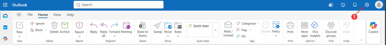 Bara Outlook cu butonul Settings